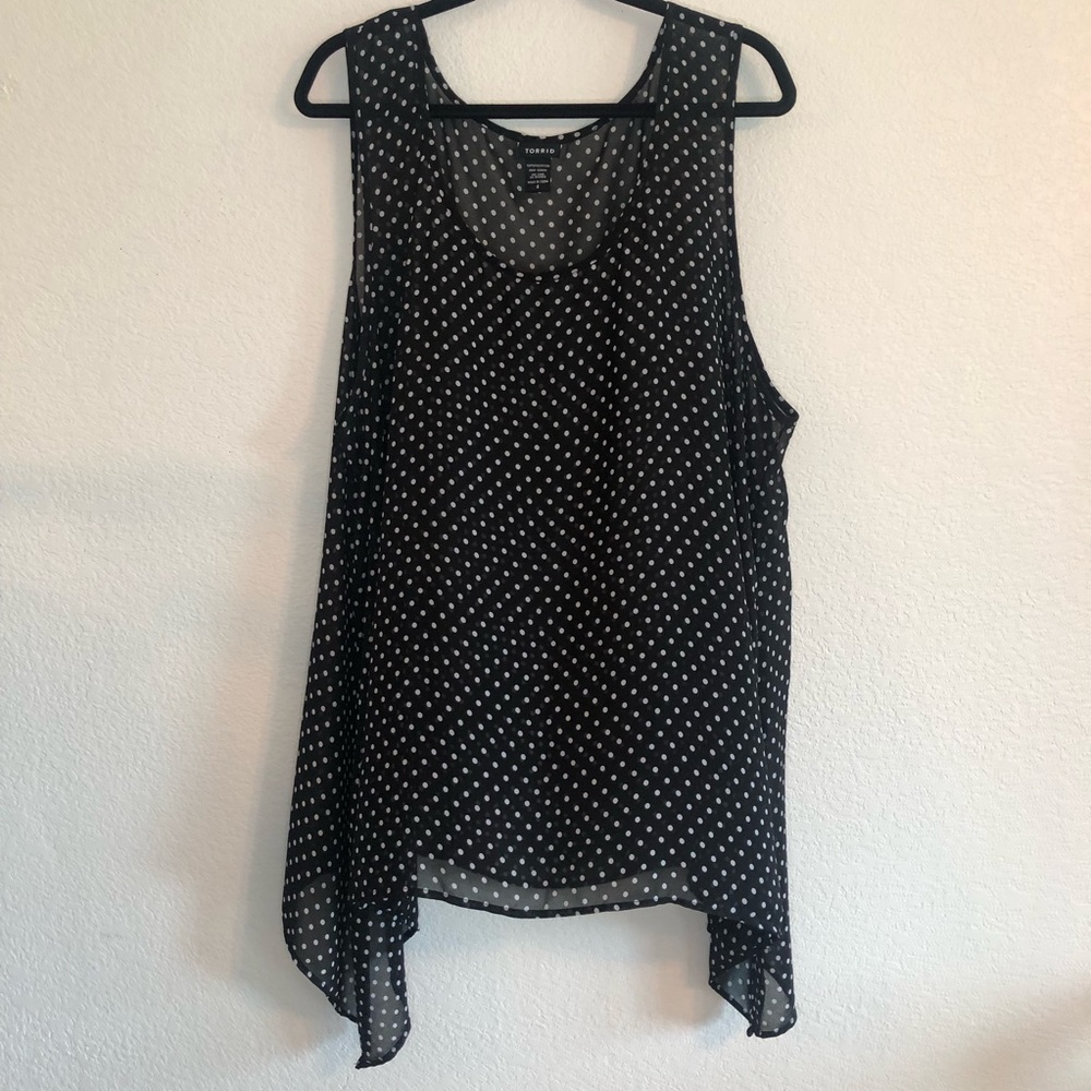 Torrid Sheer Black and White Polka Dot Sharkbite Hem Chiffon Tank Top - Picture 2 of 5